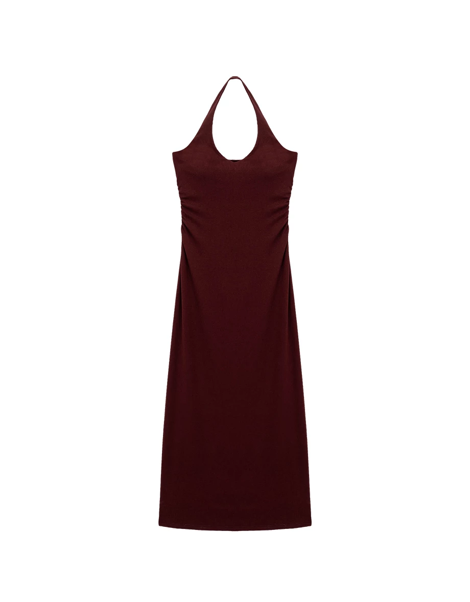 V領繞頸抓皺收腰後開衩BRA背心長洋裝