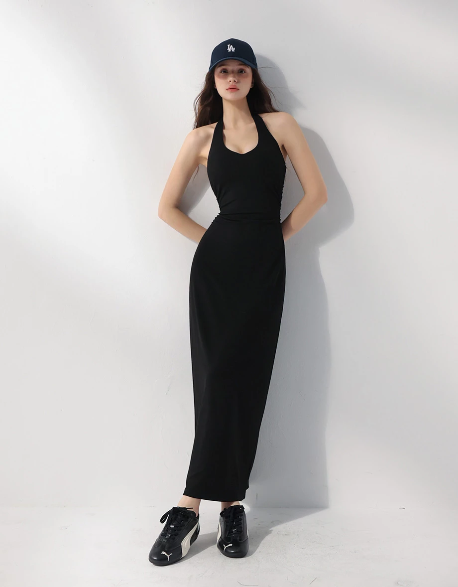 V領繞頸抓皺收腰後開衩BRA背心長洋裝