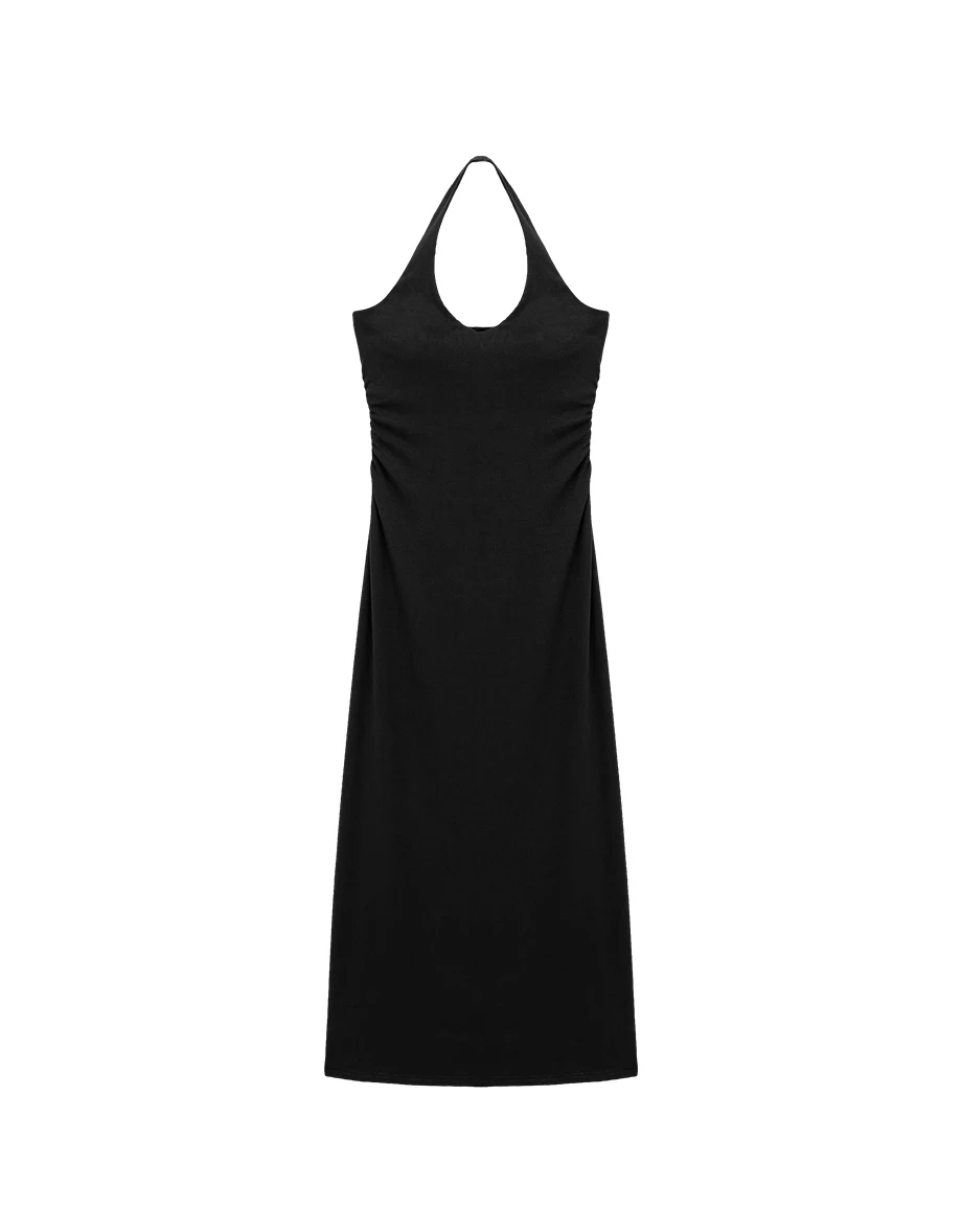 V領繞頸抓皺收腰後開衩BRA背心長洋裝