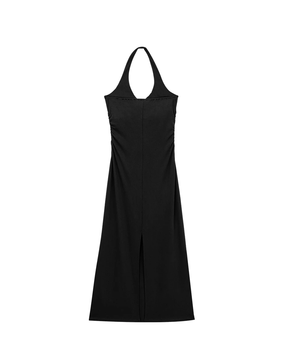 V領繞頸抓皺收腰後開衩BRA背心長洋裝