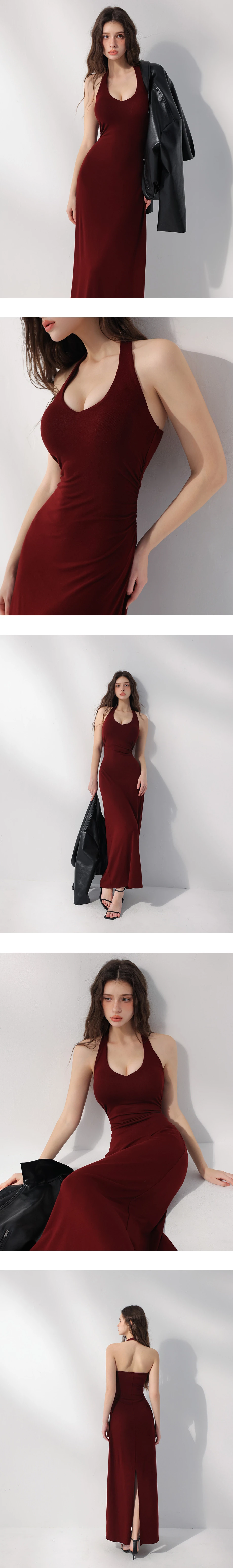 V領繞頸抓皺收腰後開衩BRA背心長洋裝