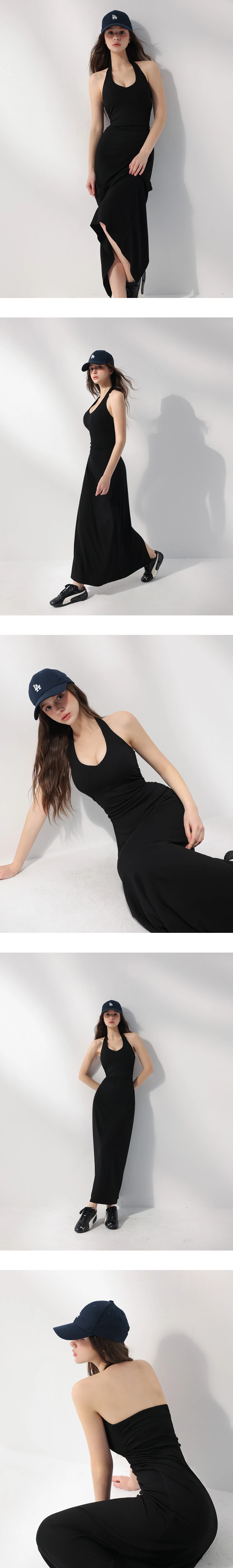 V領繞頸抓皺收腰後開衩BRA背心長洋裝