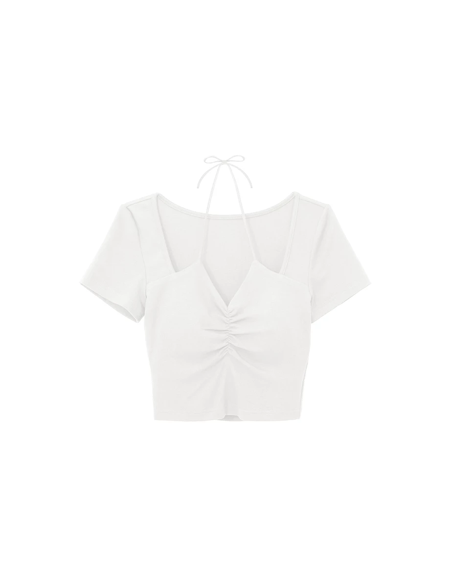 V領抓皺繞頸綁帶拼接短袖短版上衣(附胸墊)