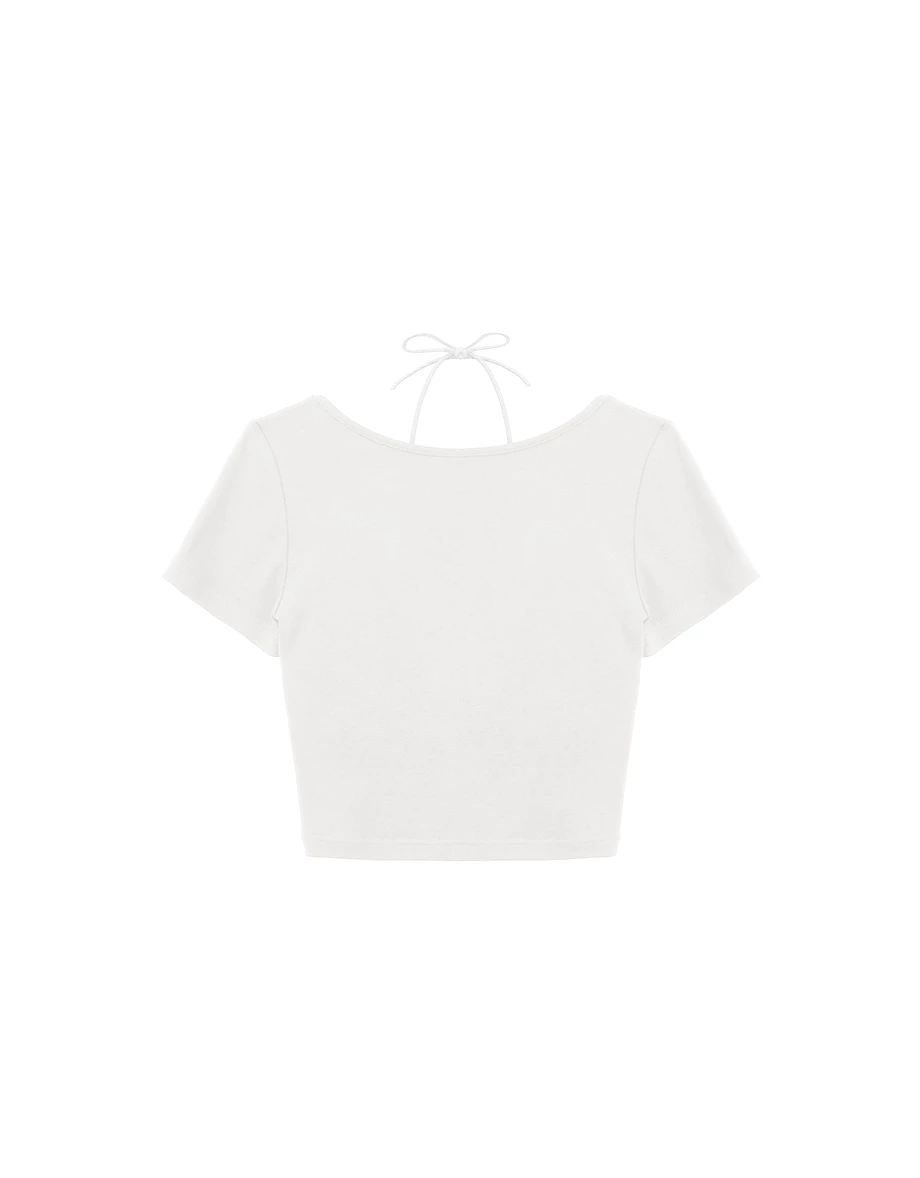 V領抓皺繞頸綁帶拼接短袖短版上衣(附胸墊)