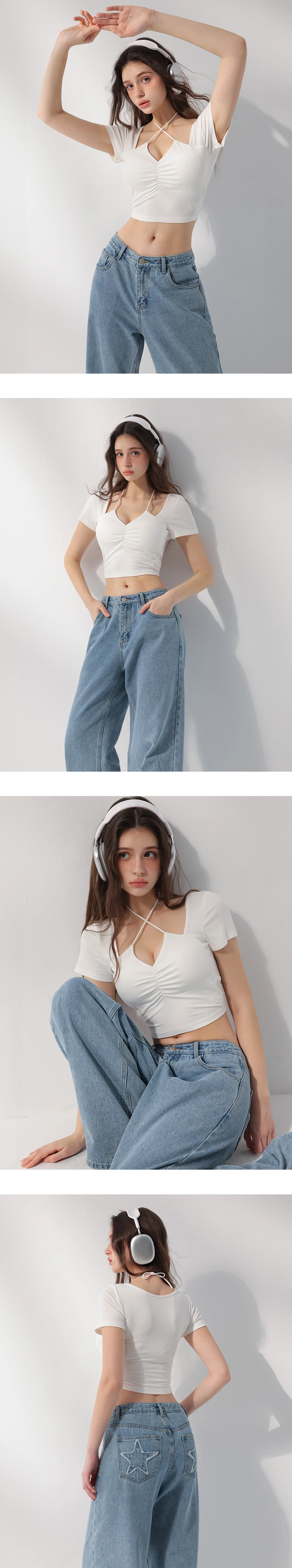 V領抓皺繞頸綁帶拼接短袖短版上衣(附胸墊)