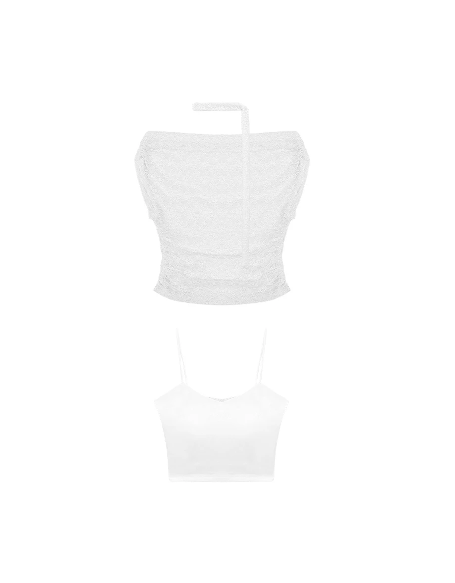 【HEYMAN聯名】一字領抓褶小花蕾絲短袖上衣細肩帶BRA背心套裝 ( 附領巾)