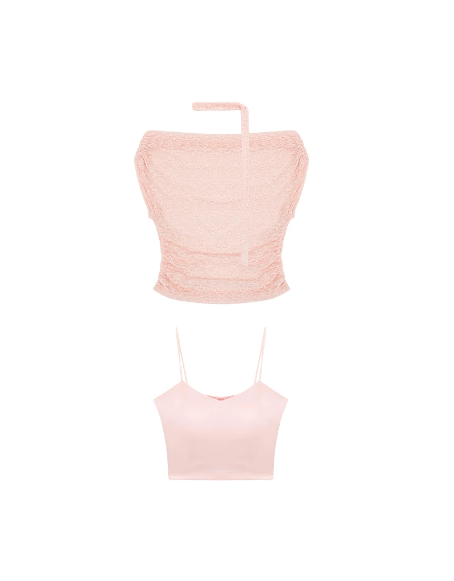 【HEYMAN聯名】一字領抓褶小花蕾絲短袖上衣細肩帶BRA背心套裝 ( 附領巾)