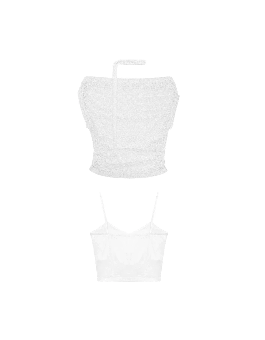 【HEYMAN聯名】一字領抓褶小花蕾絲短袖上衣細肩帶BRA背心套裝 ( 附領巾)