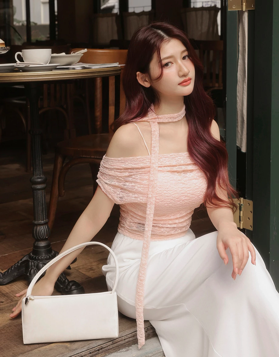 【HEYMAN聯名】一字領抓褶小花蕾絲短袖上衣細肩帶BRA背心套裝 ( 附領巾)