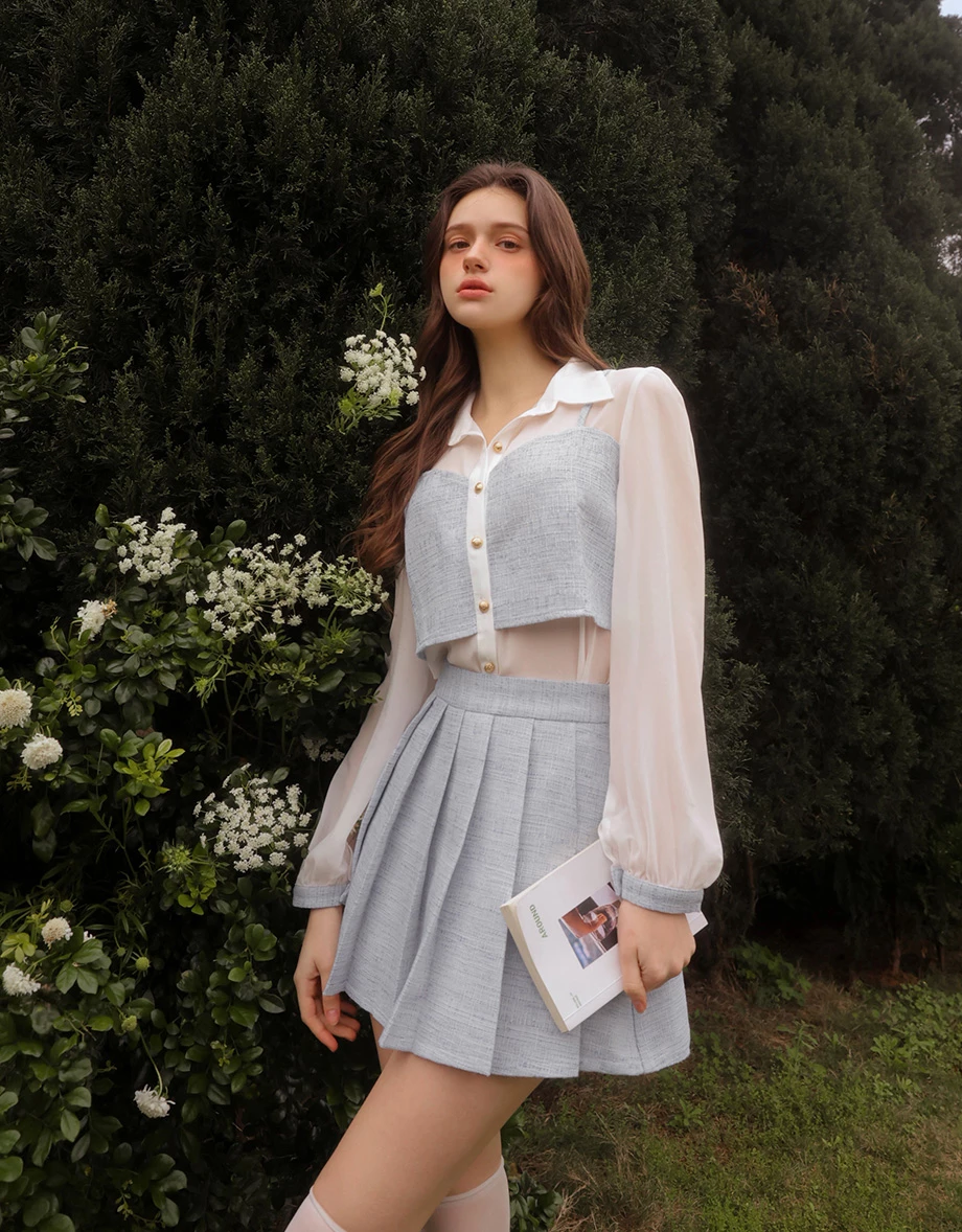 假兩件小香風桃心領金扣細肩帶背心透膚雪紡長袖襯衫