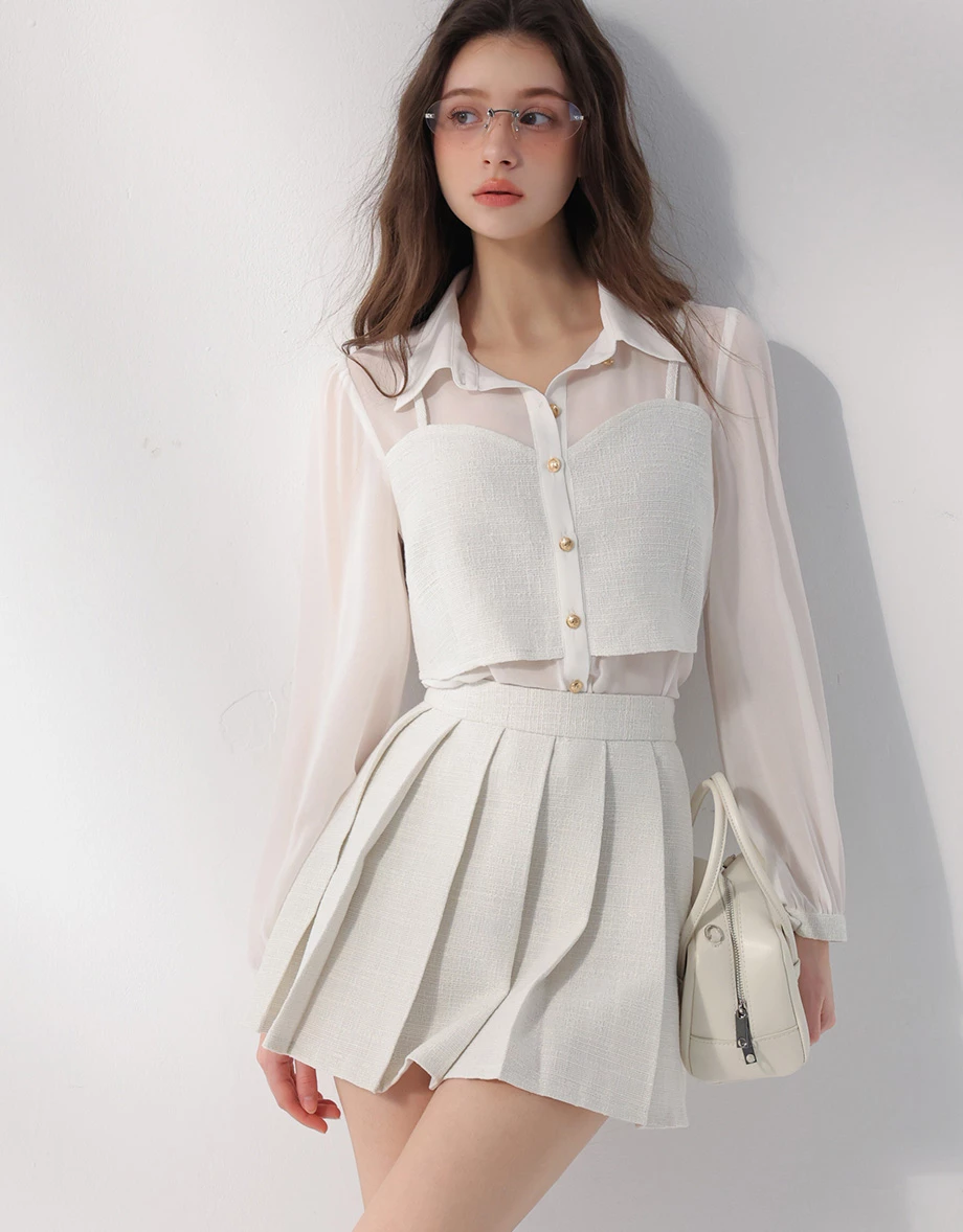 假兩件小香風桃心領金扣細肩帶背心透膚雪紡長袖襯衫