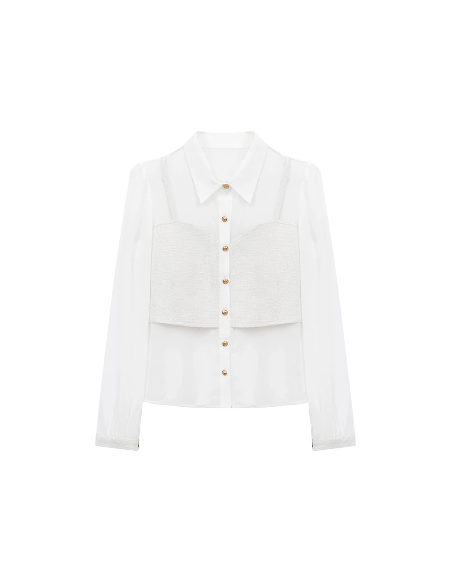 假兩件小香風桃心領金扣細肩帶背心透膚雪紡長袖襯衫