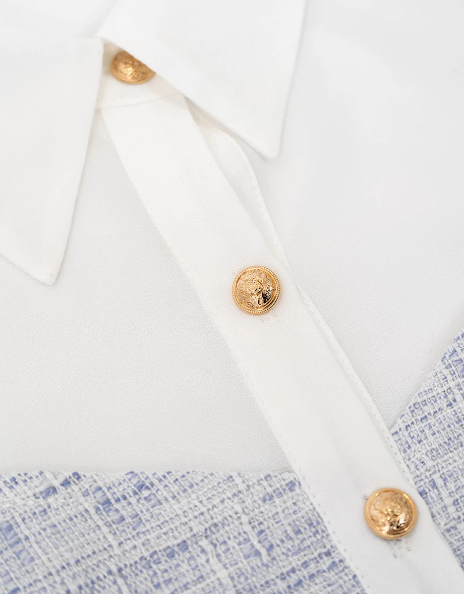 假兩件小香風桃心領金扣細肩帶背心透膚雪紡長袖襯衫