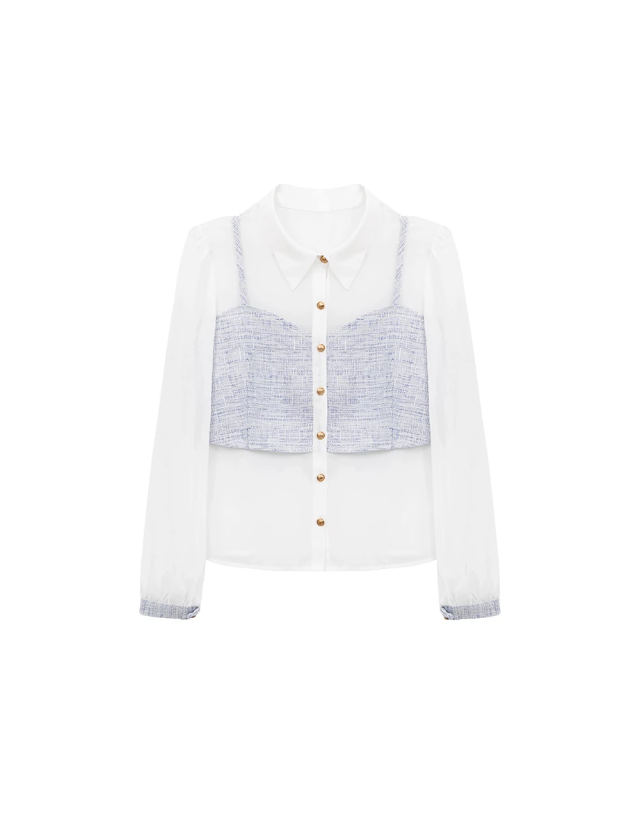 假兩件小香風桃心領金扣細肩帶背心透膚雪紡長袖襯衫