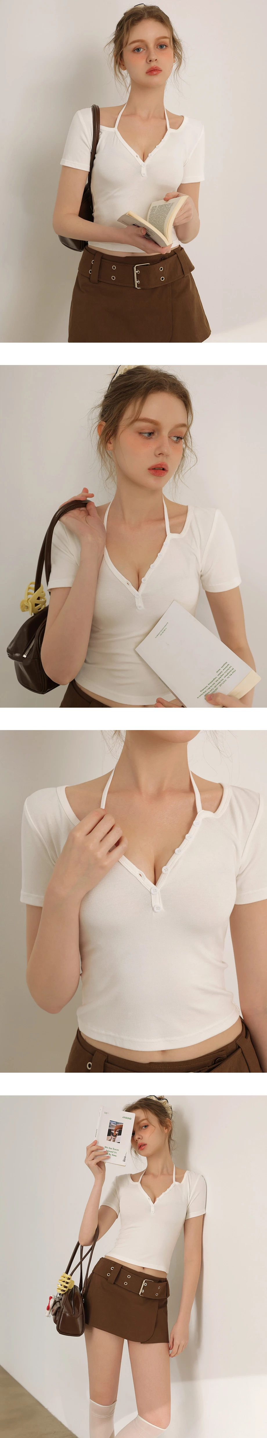 V領排扣繞頸細帶短袖短版上衣