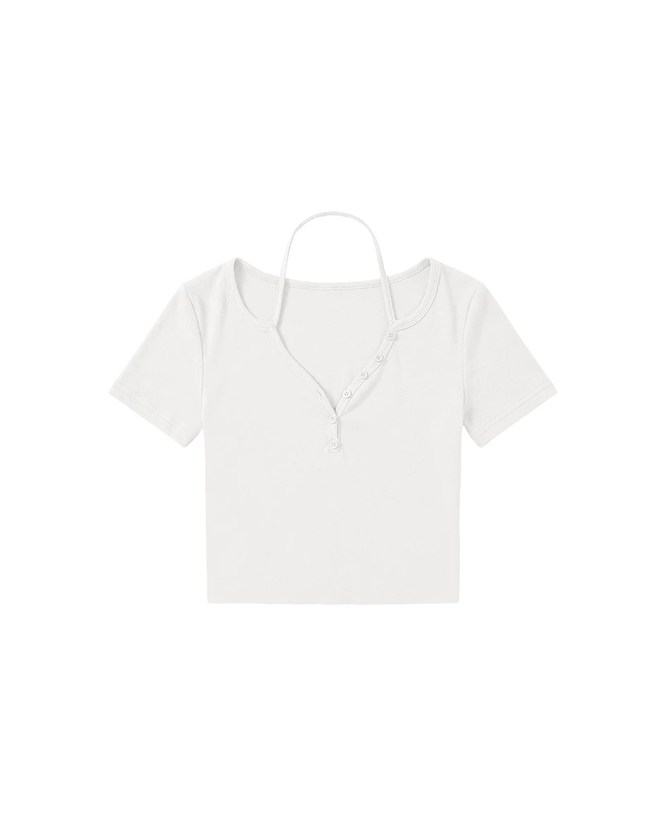 V領排扣繞頸細帶短袖短版上衣