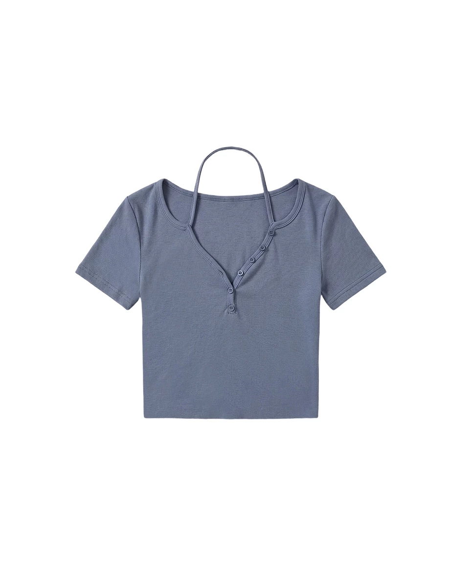 V領排扣繞頸細帶短袖短版上衣