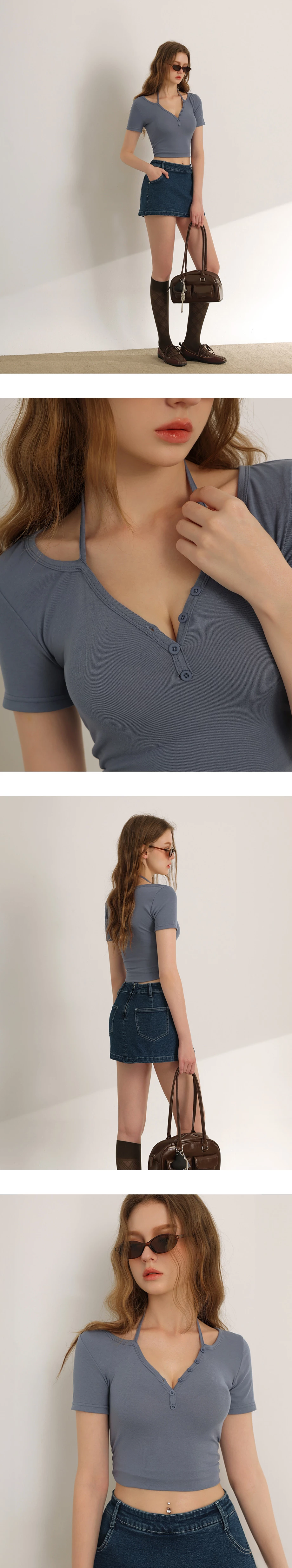 V領排扣繞頸細帶短袖短版上衣