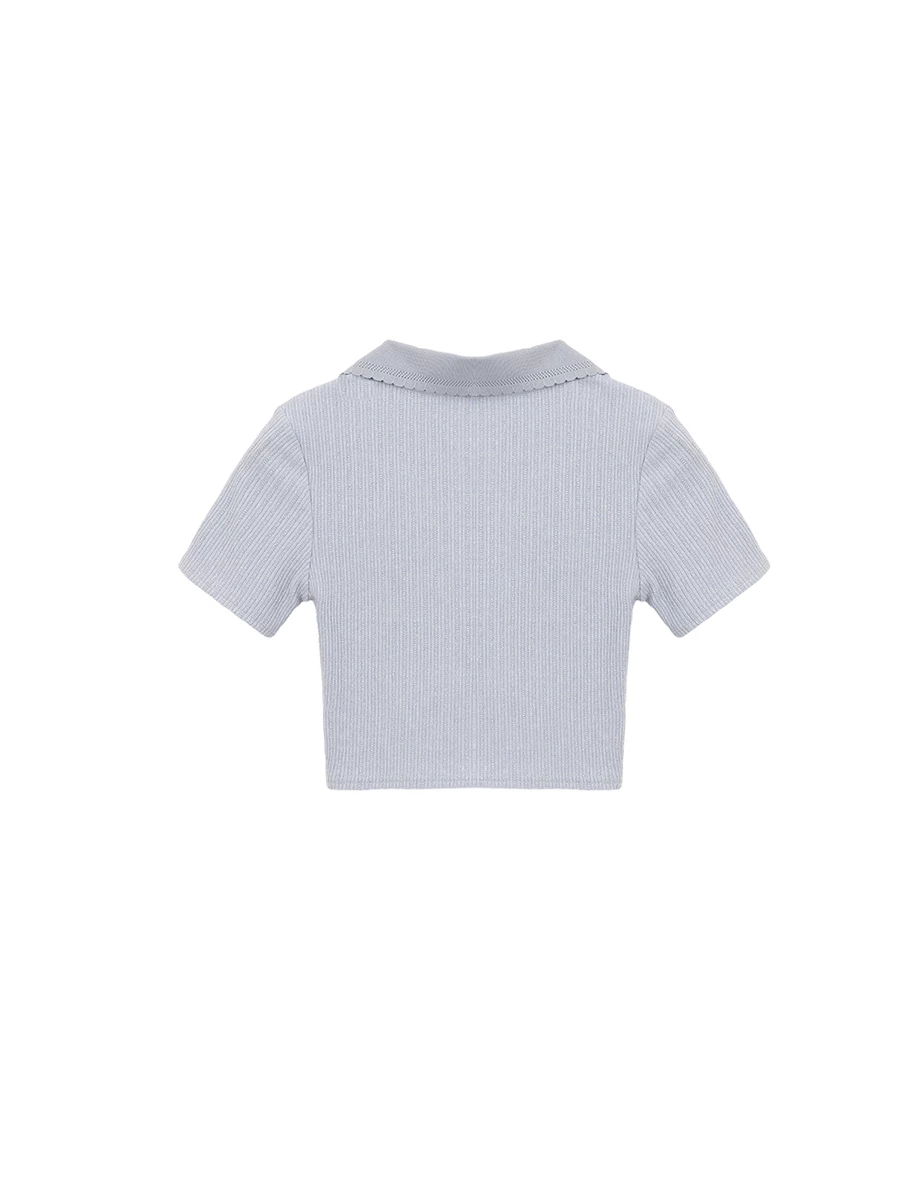 翻領排扣短袖短版羅紋上衣