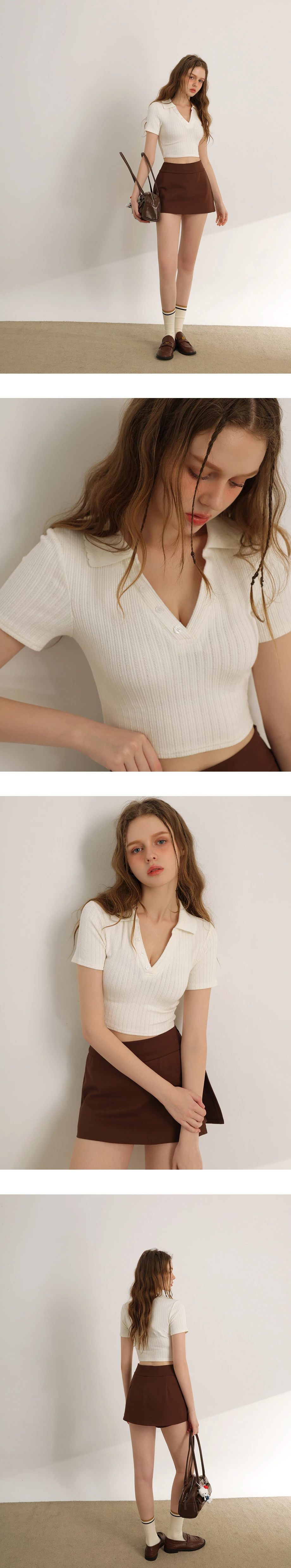 翻領排扣短袖短版羅紋上衣