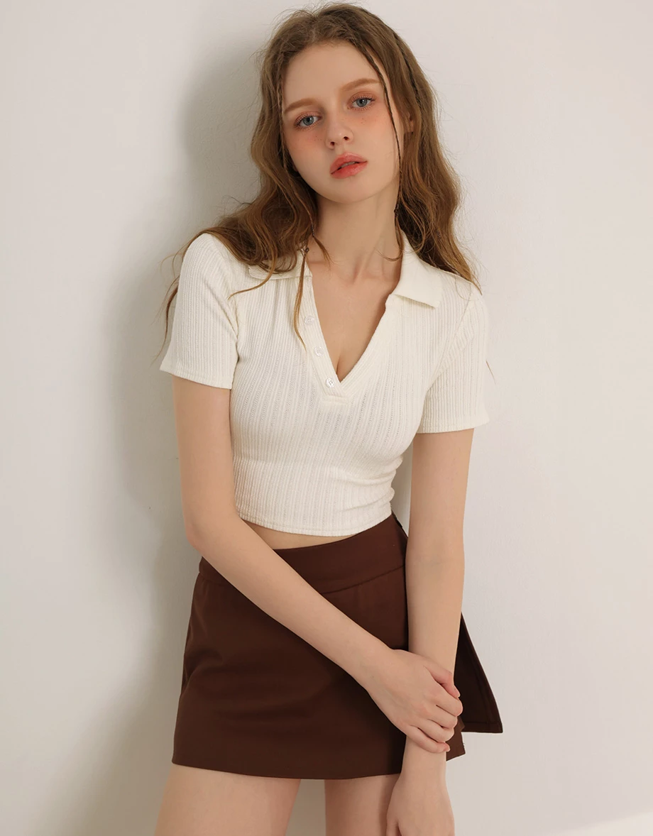 翻領排扣短袖短版羅紋上衣