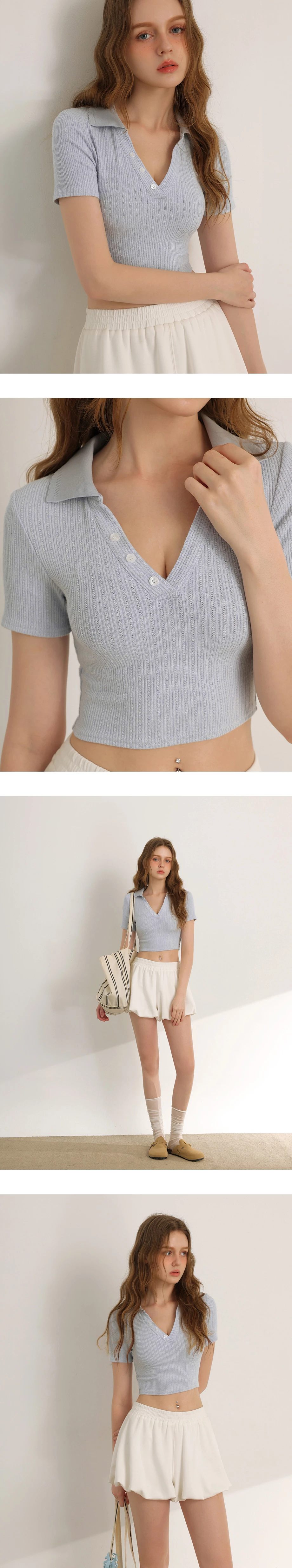 翻領排扣短袖短版羅紋上衣