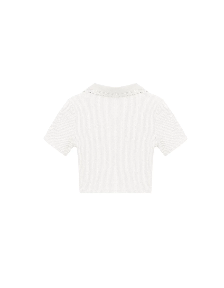 翻領排扣短袖短版羅紋上衣