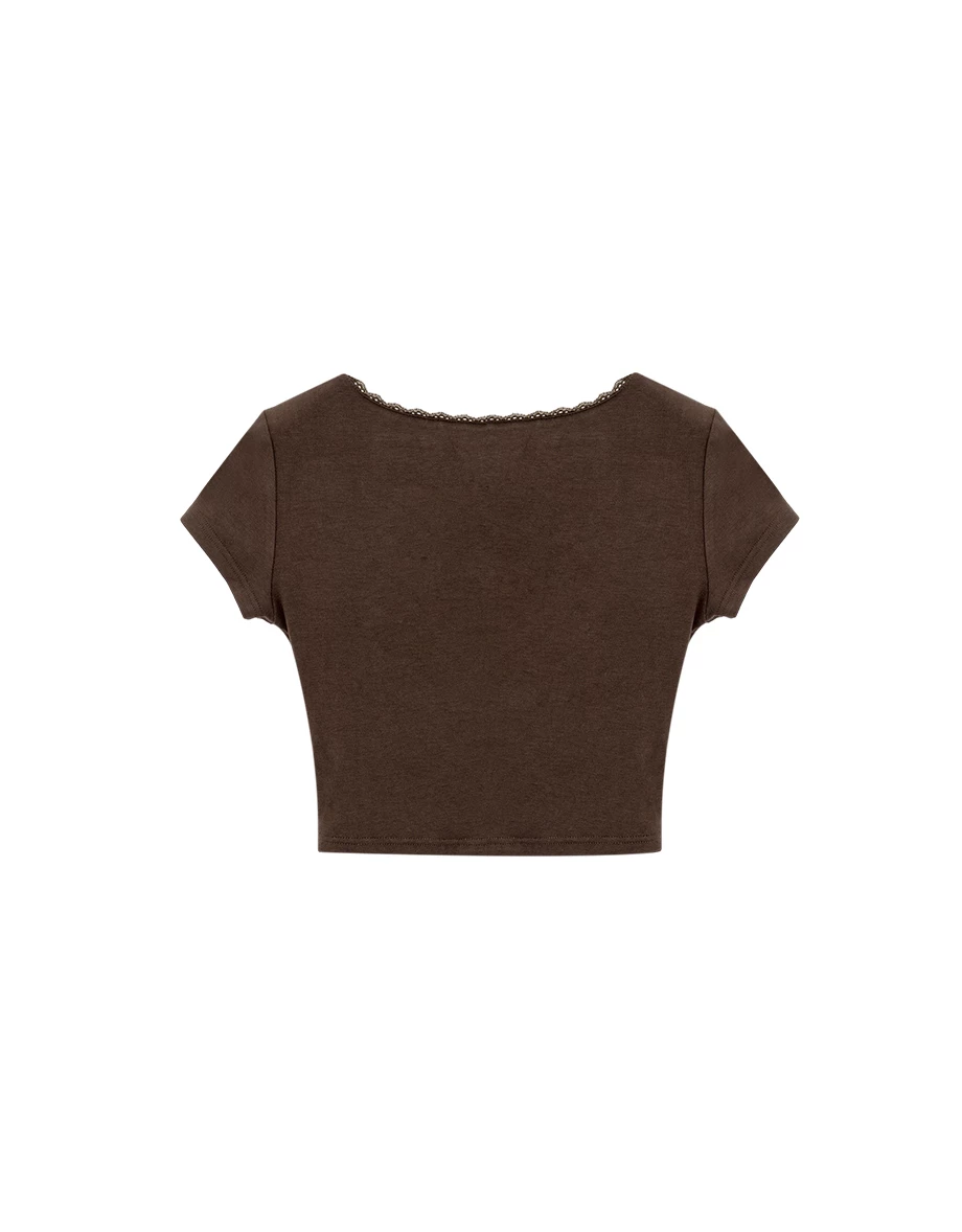 V領綁帶蕾絲滾邊抓皺短袖短版上衣