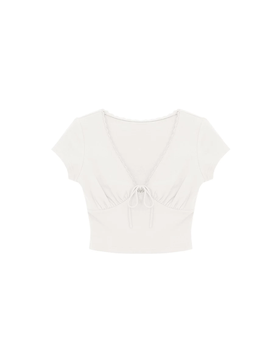 V領綁帶蕾絲滾邊抓皺短袖短版上衣