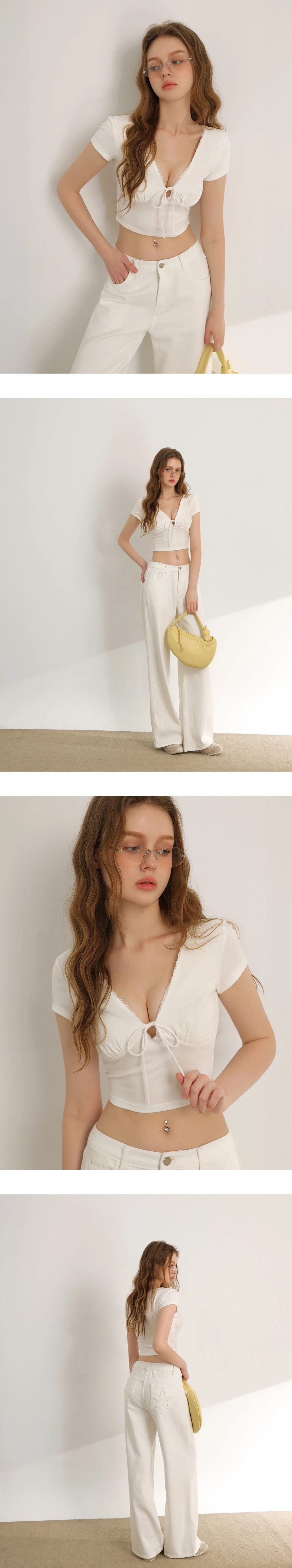 V領綁帶蕾絲滾邊抓皺短袖短版上衣