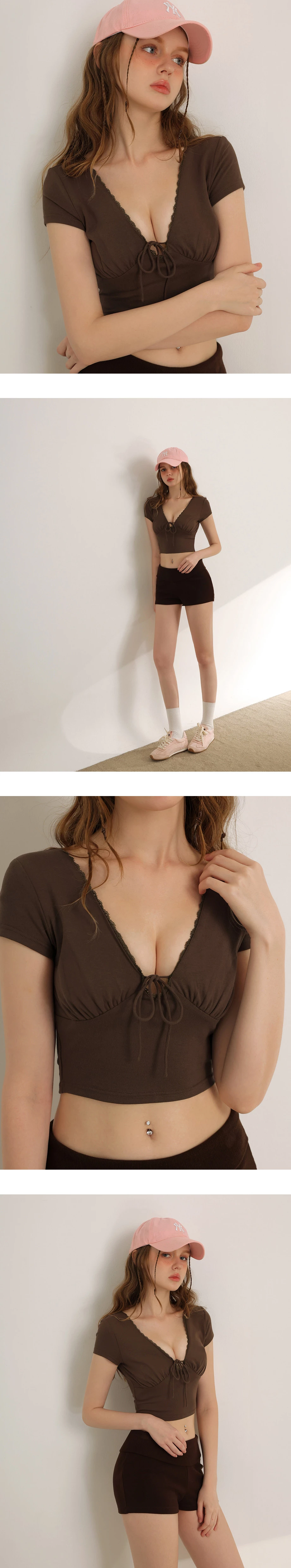 V領綁帶蕾絲滾邊抓皺短袖短版上衣