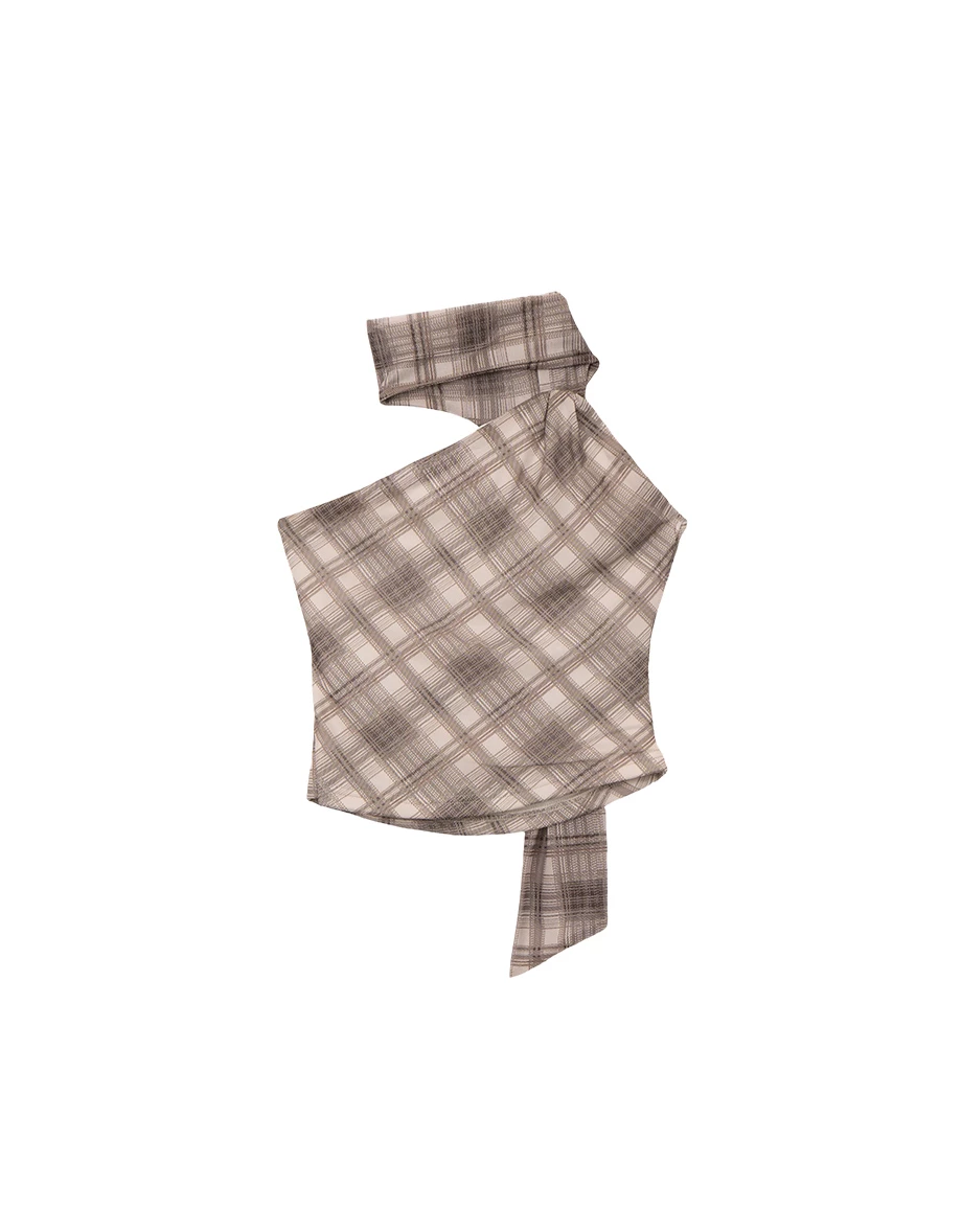 不對稱削肩繞頸領巾側抓皺格紋短版上衣(附胸墊)