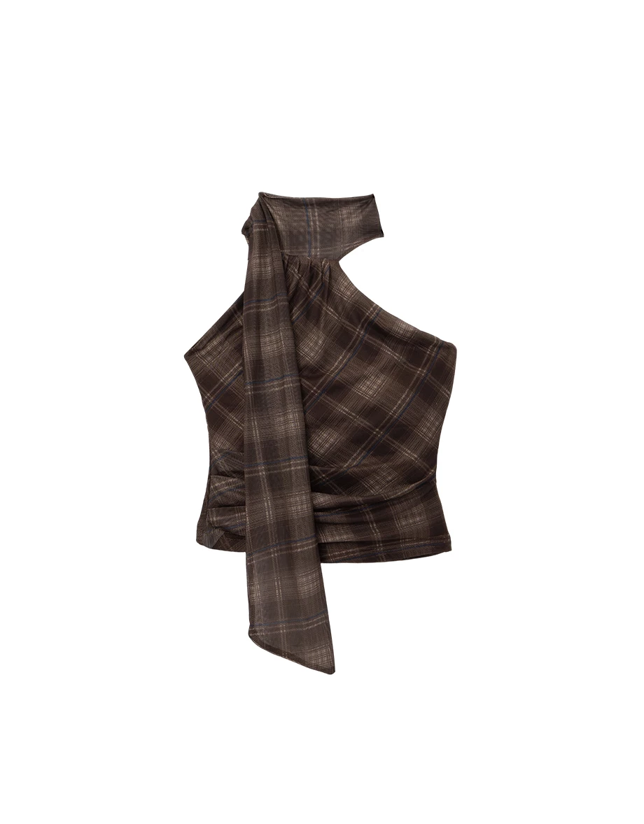 不對稱削肩繞頸領巾側抓皺格紋短版上衣(附胸墊)