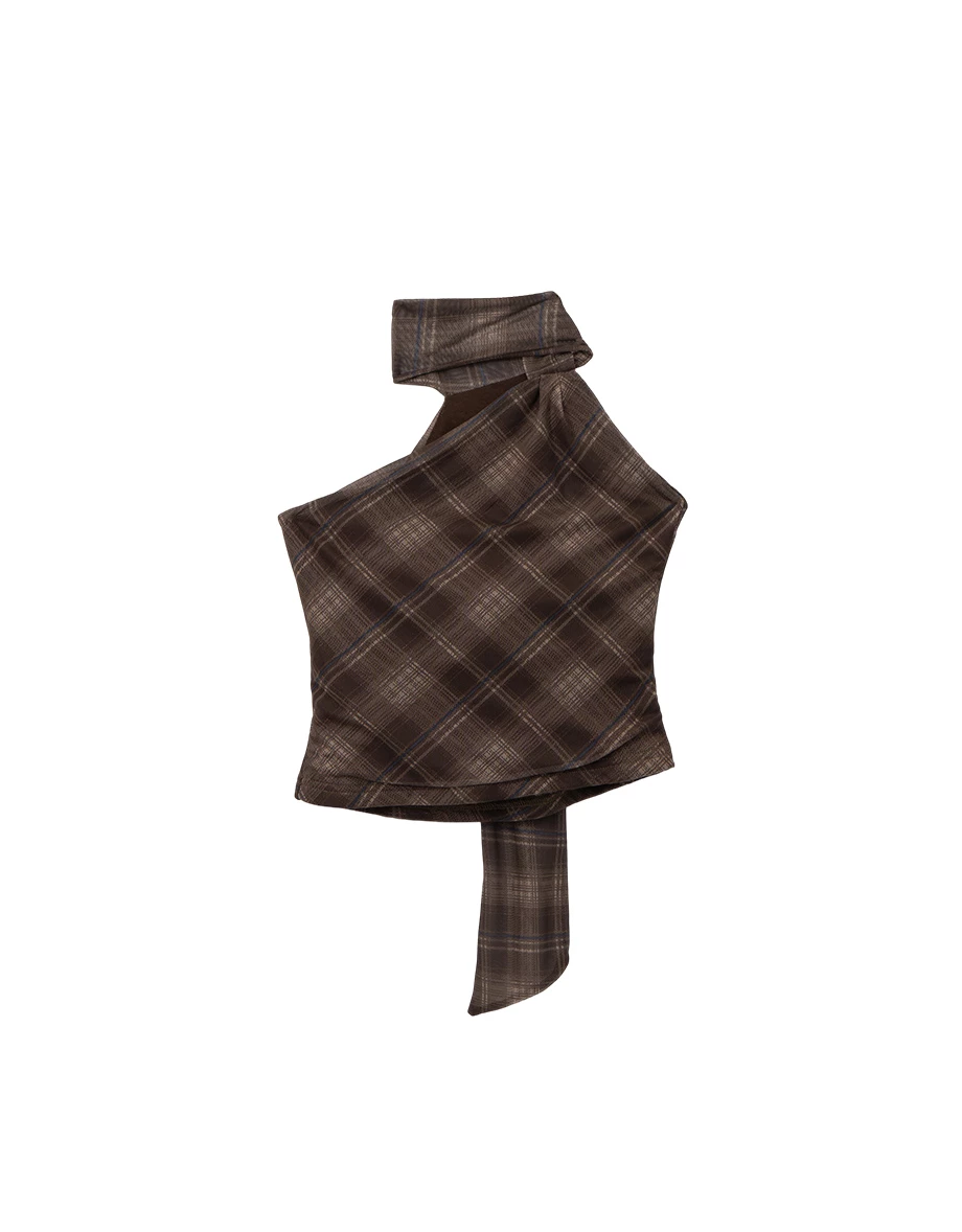 不對稱削肩繞頸領巾側抓皺格紋短版上衣(附胸墊)