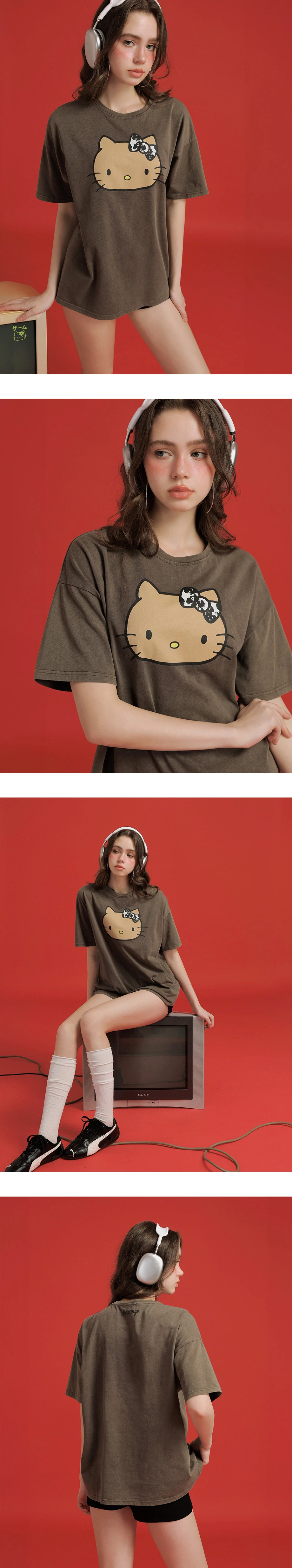 【Hello Kitty Collaboration】Vintage Wash Front Print Classic Graphic Oversized Tee