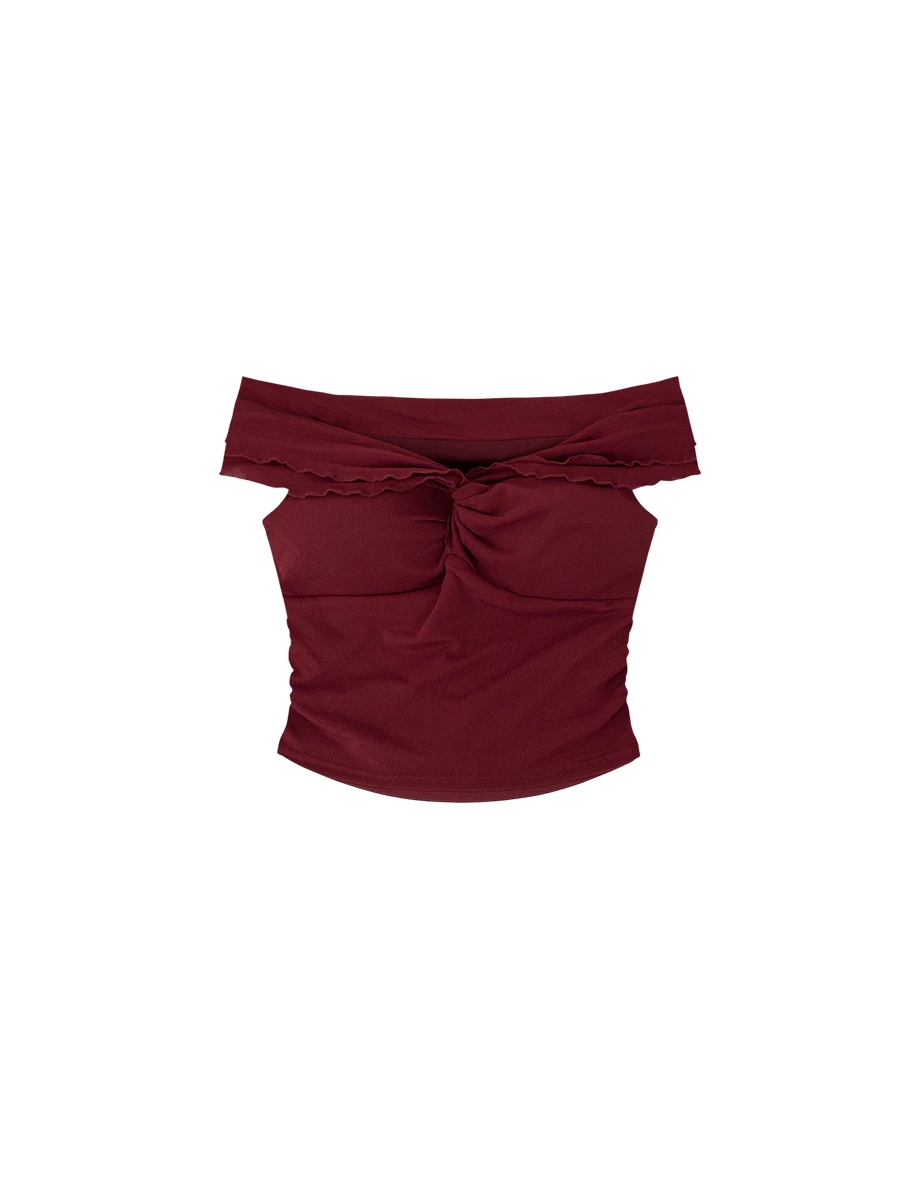 一字領網紗扭結抓皺拼接短版上衣(附胸墊)