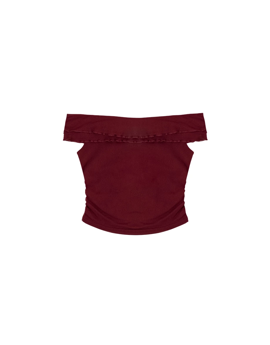 一字領網紗扭結抓皺拼接短版上衣(附胸墊)