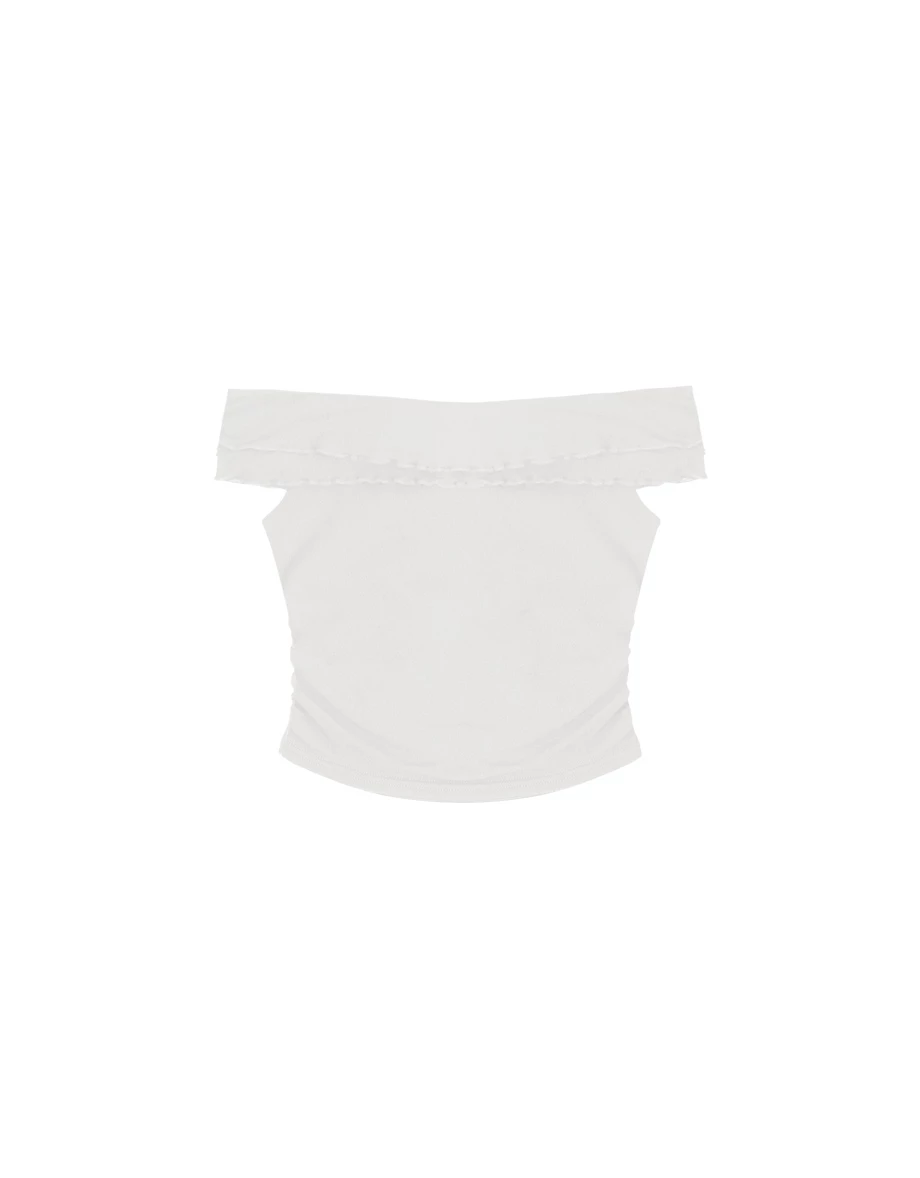 一字領網紗扭結抓皺拼接短版上衣(附胸墊)