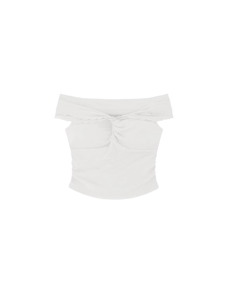 一字領網紗扭結抓皺拼接短版上衣(附胸墊)