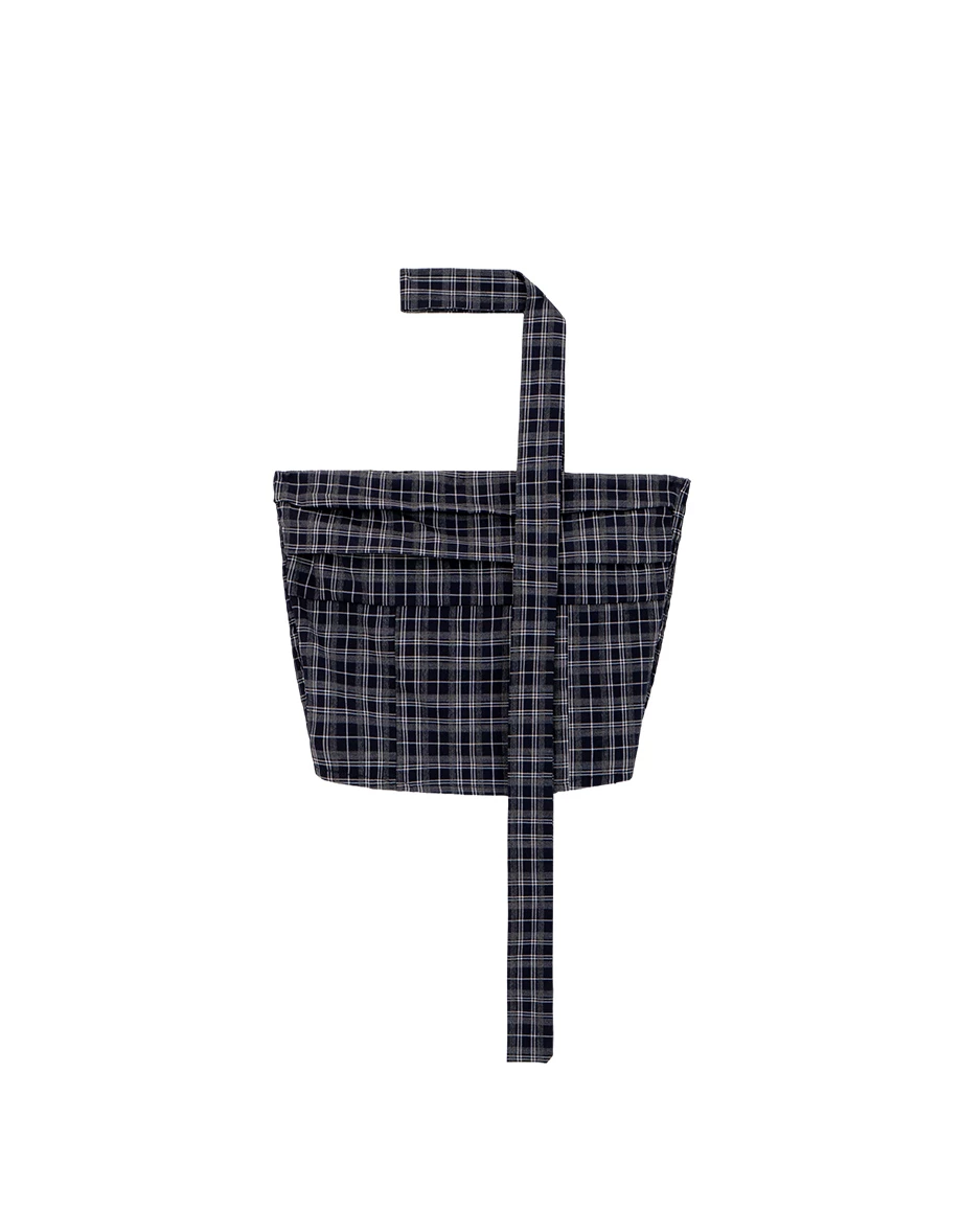 格紋平口抓褶短版上衣(附領巾/ 附胸墊)