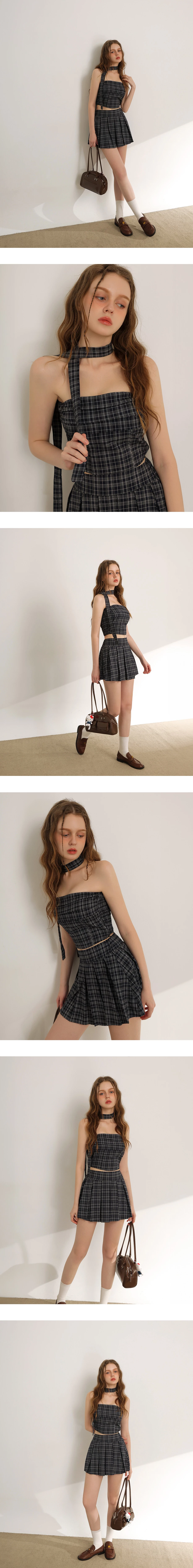 格紋平口抓褶短版上衣(附領巾/ 附胸墊)