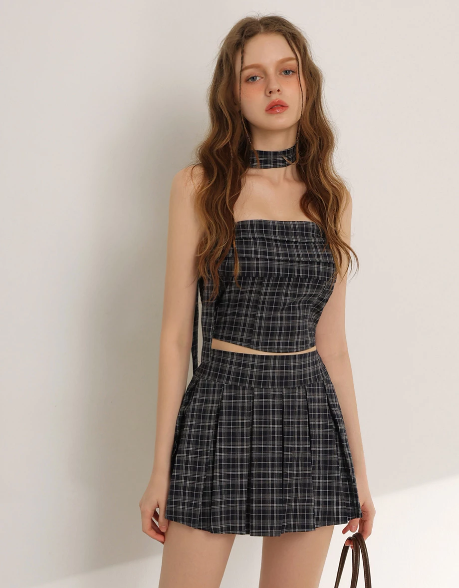 格紋平口抓褶短版上衣(附領巾/ 附胸墊)