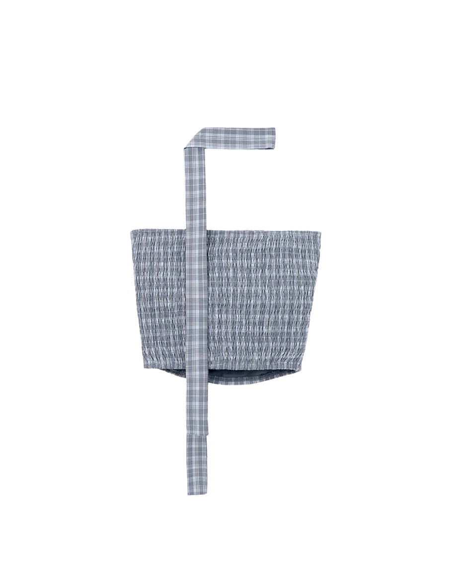 格紋平口抓褶短版上衣(附領巾/ 附胸墊)