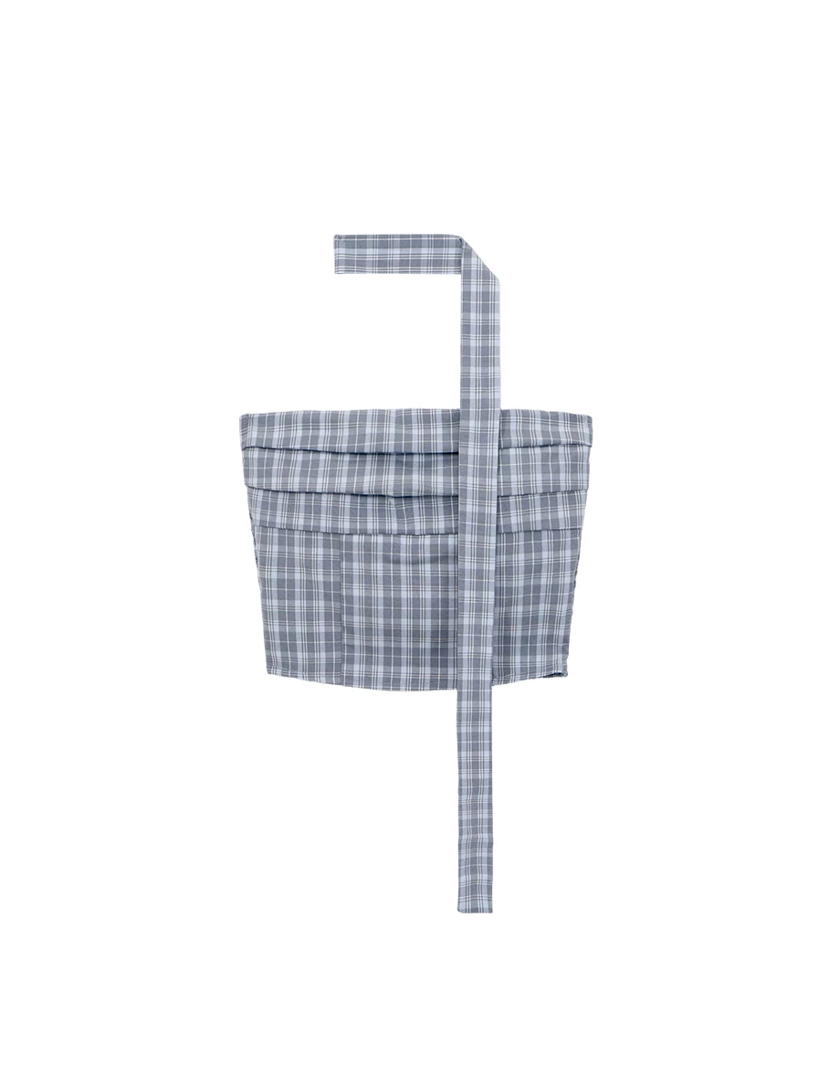 格紋平口抓褶短版上衣(附領巾/ 附胸墊)