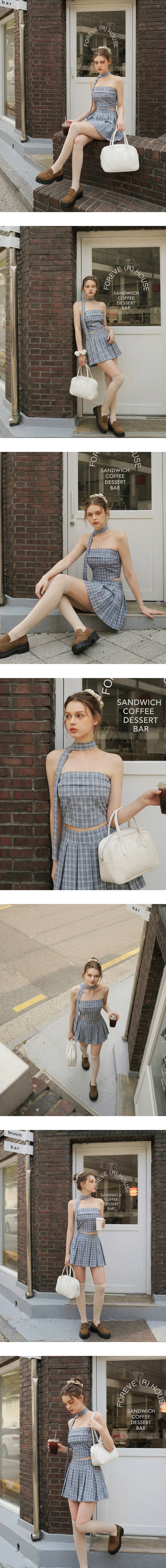 格紋平口抓褶短版上衣(附領巾/ 附胸墊)