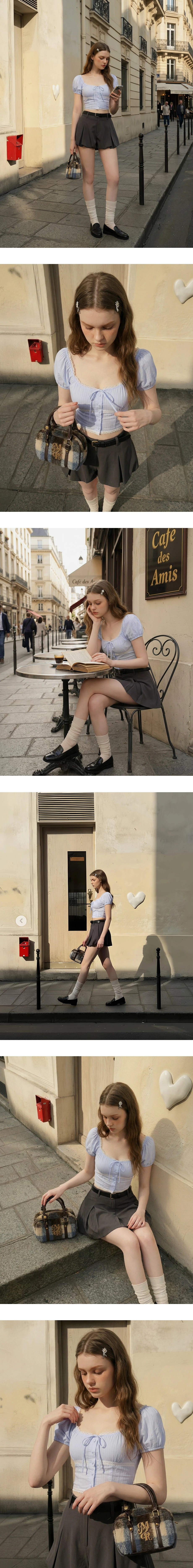 2WAY方領抽皺綁帶蕾絲滾邊澎袖直條紋短版上衣