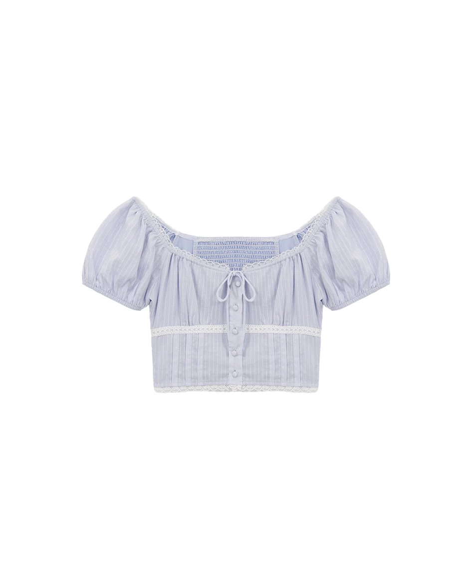 2WAY方領抽皺綁帶蕾絲滾邊澎袖直條紋短版上衣