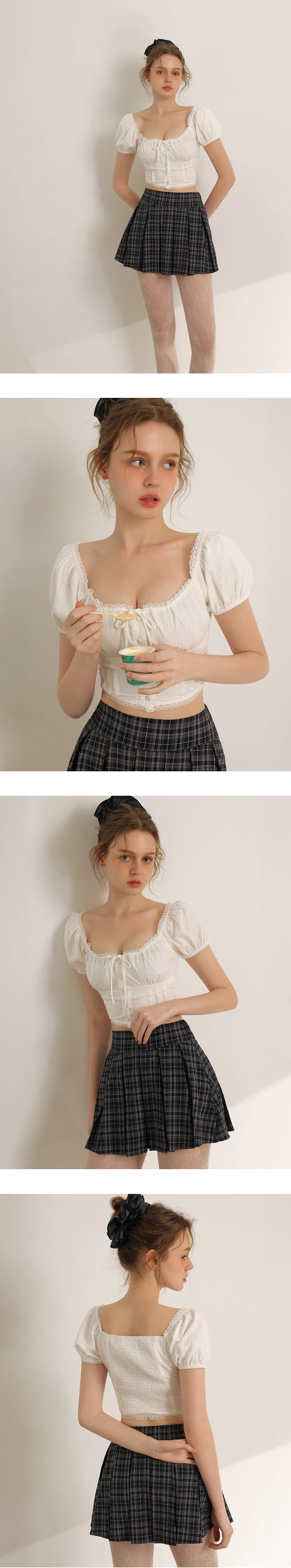 2WAY方領抽皺綁帶蕾絲滾邊澎袖直條紋短版上衣