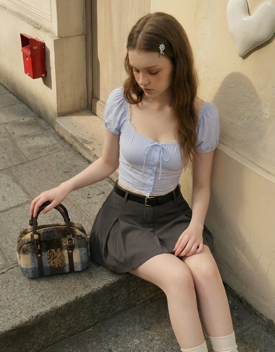 2WAY方領抽皺綁帶蕾絲滾邊澎袖直條紋短版上衣