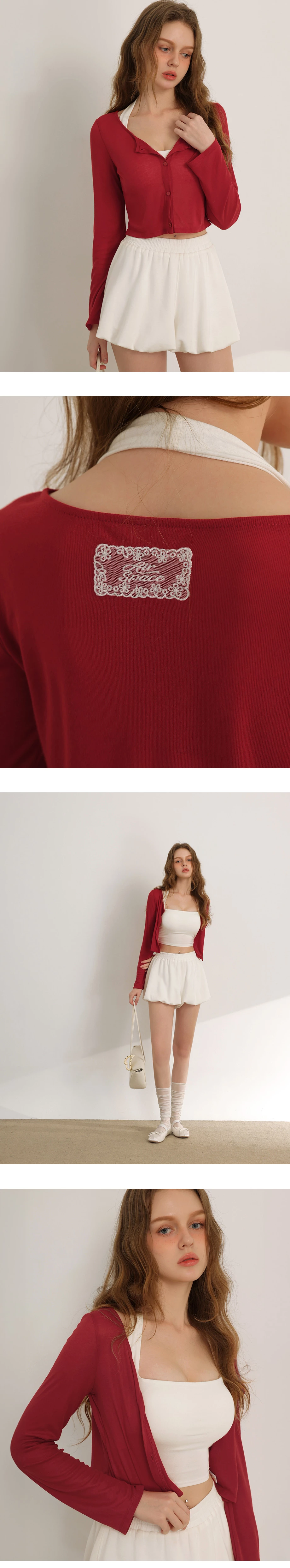 圓領蕾絲LOGO刺繡領標長袖短版排扣開襟針織衫